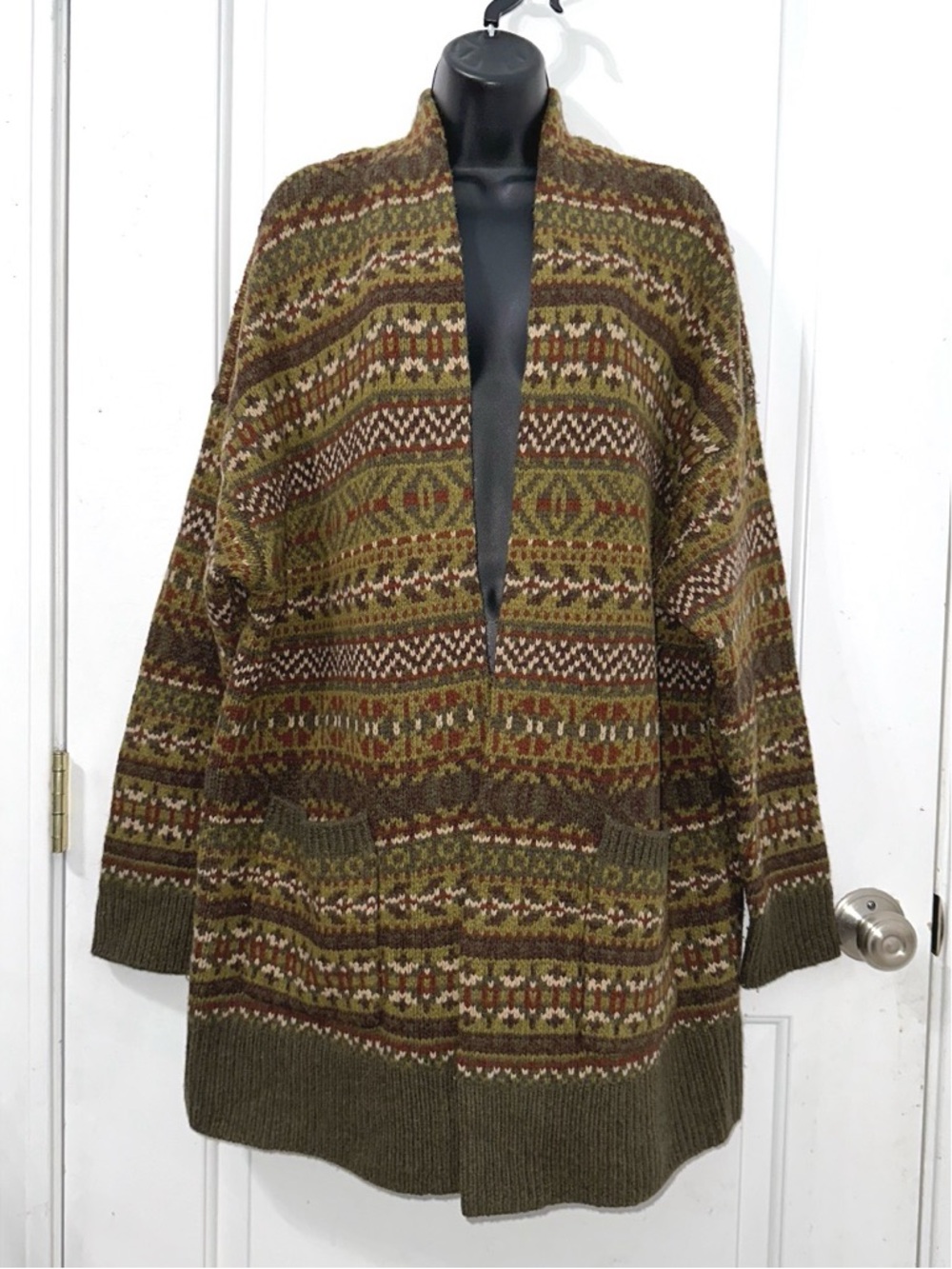 Orvis olive mix Fair Isle merino long cardigan sweater size Large - Picture 2 of 7